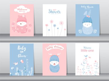 Mutlu yıllar, bayramlar, doğum günü kutlaması ve davetiye seti. Şirin bebek hayvanlar. Vektör çizimleri..