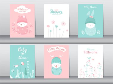 Mutlu yıllar, bayramlar, doğum günü kutlaması ve davetiye seti. Şirin bebek hayvanlar. Vektör çizimleri..