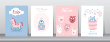 Set of happy birthday, holiday, baby shower celebration greeting and invitation card.Cute animals design.Vector illustrations.
