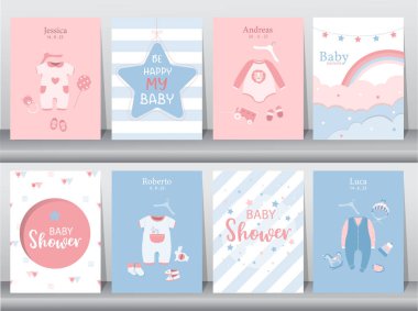 Bebek kıyafetleri, bebek için tasarım, bebek partisi davetiyesi. Vektör çizimleri..