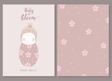 Bebek partisi kutlaması ve davetiye kartı. Yeni doğmuş şirin bebek tasarımları. Vektör çizimleri..