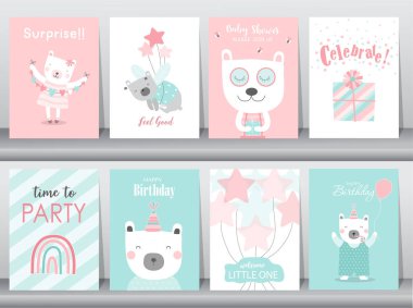 Doğum günü kartları, poster, davetiye, şablon, tebrik kartları, hayvanlar, ayı, şirin, Vektör çizimleri.