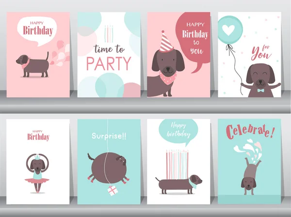 Συλλογή Καρτών Γενεθλίων Αφίσα Πρόσκληση Πρότυπο Ευχετήριες Κάρτες Ζώα Σκύλος — Διανυσματικό Αρχείο