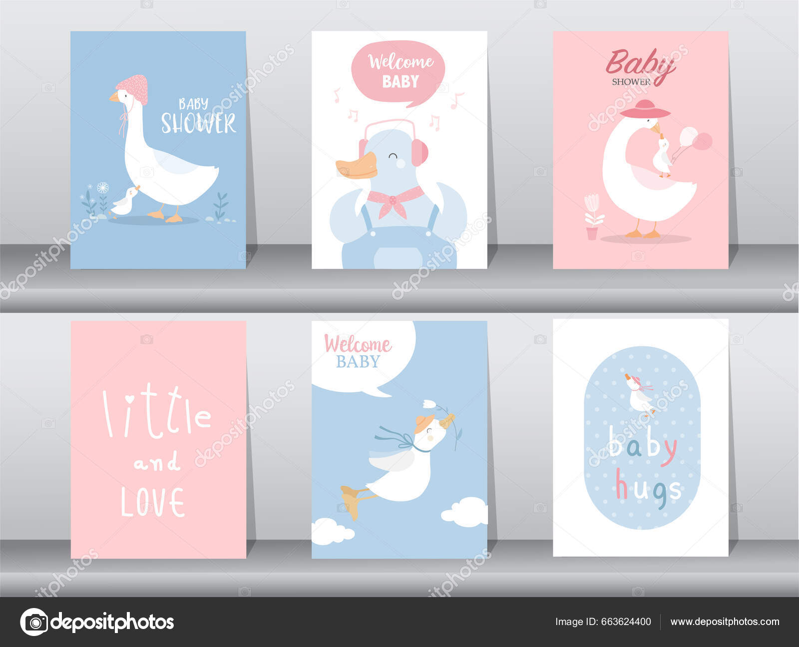 赤ちゃんの男の子と女の子とベビーシャワー招待カードのセット かわいいデザイン ポスター テンプレート コウノトリ ベクトルイラスト ストックベクター  ©issay_hi@hotmail.com 663624400, image size:1600x1295