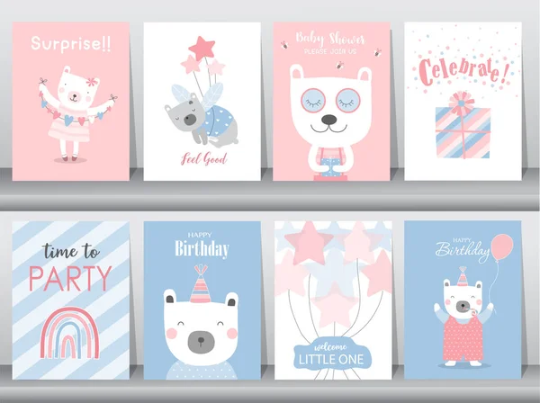 Set of happy birthday, holiday, baby shower celebration greeting and invitation card.Cute baby animals .Vector illustrations.
