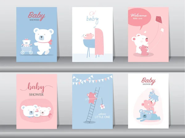 Set Van Baby Shower Uitnodigingen Kaarten Met Baby Jongen Meisje — Stockvector