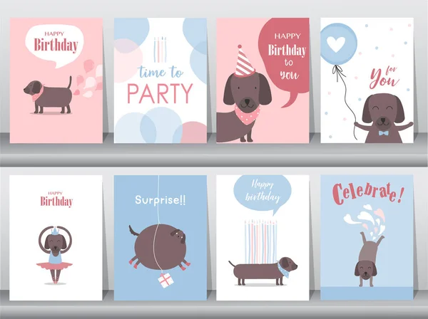 Zestaw Kartek Urodzinowych Plakat Zaproszenie Szablon Kartki Okolicznościowe Zwierzęta Pies — Wektor stockowy