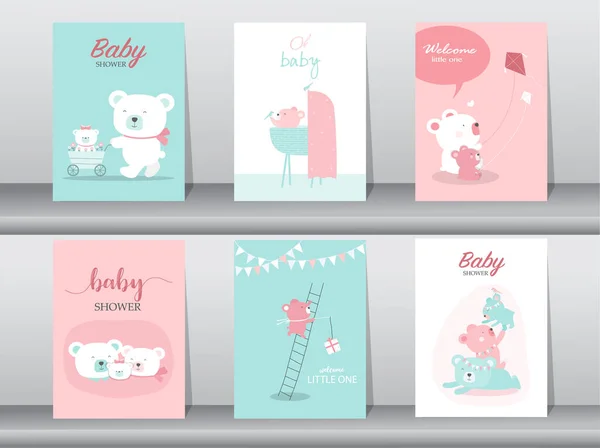 Ensemble Cartes Invitation Baby Shower Avec Bébé Garçon Fille Design — Image vectorielle