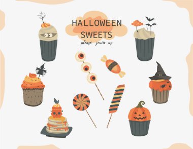 Cadılar Bayramı partisi şekerleri. Kekler, lolipoplar, jöleli kurabiyeler, kek şekeri, tatil tasarımları için tasarım. Vektör çizimleri..