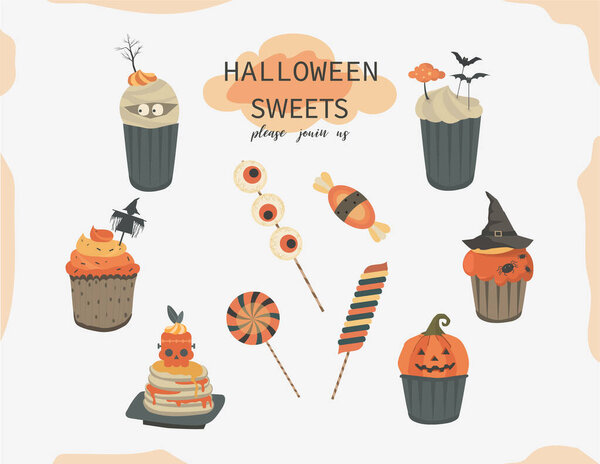 Halloween party sweets. Cupcakes lollipops jelly cookies cake candy, Design for holiday design.Vector illustrations.