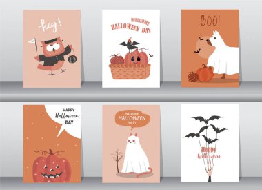 Cadılar Bayramı için çizgi film stili karakterler, kostüm mutlu cadılar bayramı partisi, şirin hayvan, vektör çizimleri..