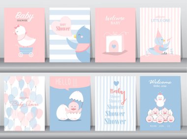 Bebek partisi davetiyeleri, doğum günü, poster, şablon, tebrik kartları, şirin, tavuk, hayvan posteri, şablon, vektör çizimleri. 