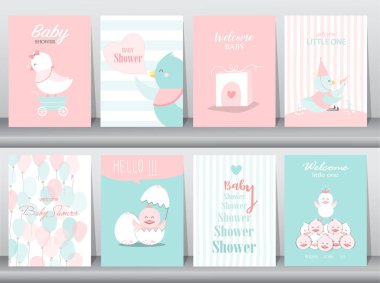 Bebek partisi davetiyeleri, doğum günü, poster, şablon, tebrik kartları, şirin, tavuk, hayvan posteri, şablon, vektör çizimleri. 