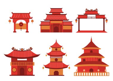 Çin binaları ve tapınakları geleneksel tarzda izole edilmiş beyaz arka plan, Pagoda Çincesi, Vektör illüstrasyonu.