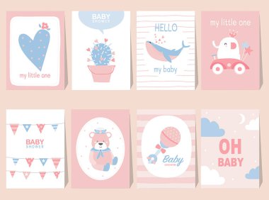 Bebek partisi davetiyeleri, poster, selamlama, şablon, ayı, vektör çizimleri.