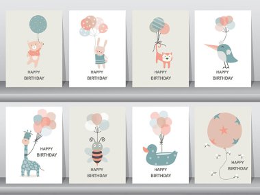 Çocukların doğum günü tebrik kartları. Sevimli hayvan tasarımları. Poster, şablon, tebrik kartları, vektör çizimleri..
