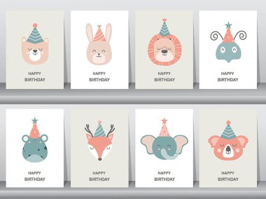 Çocukların doğum günü tebrik kartları. Sevimli hayvan tasarımları. Poster, şablon, tebrik kartları, vektör çizimleri..