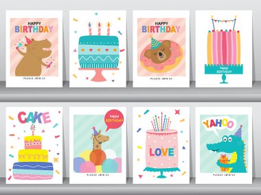 Çocukların doğum günü tebrik kartları. Sevimli hayvan tasarımları. Poster, şablon, tebrik kartları, vektör çizimleri..