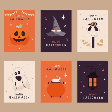 Cadılar bayramı tebrik kartı seti. Çizgi film stili karakterler, şirin balkabağı, Vektör çizimleri..