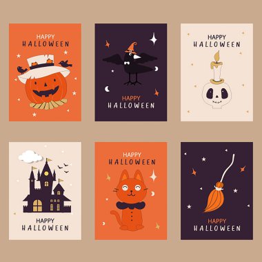 Cadılar bayramı tebrik kartı seti. Çizgi film stili karakterler, şirin balkabağı, Vektör çizimleri..