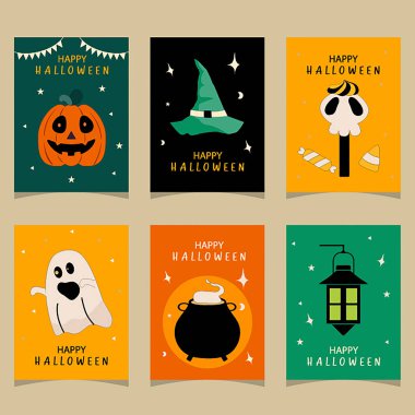 Cadılar bayramı tebrik kartı seti. Çizgi film stili karakterler, şirin balkabağı, Vektör çizimleri..