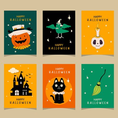 Cadılar bayramı tebrik kartı seti. Çizgi film stili karakterler, şirin balkabağı, Vektör çizimleri..