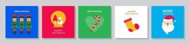 Mutlu Noeller ve mutlu yıllar tebrik kartı, poster ve tatil kapağı seti. Şirin Xmas tasarımı, mevsim kutlamaları, Vektör çizimleri.