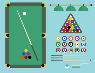 Cepli bilardo masası, üçgen rafı ve ıstaka. Bilardo bilardosu, düz simgeler seti, bilardo masası üst görünümü. Vektör çizimleri.