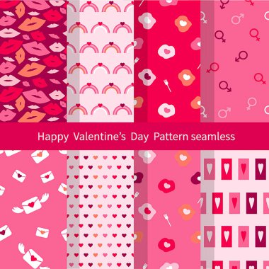 Sevgililer Günü geçmişi. Kusursuz desen. Kalpli kırmızı pembe izler, hatıra defteri için arka planlar. Koleksiyon harika ambalaj kağıtları. Vektör illüstrasyonu.