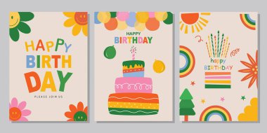 Çocukların doğum günü tebrik kartları. Sevimli hayvan tasarımları. Poster, şablon, tebrik kartları, vektör çizimleri..