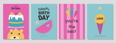 Çocukların doğum günü tebrik kartları. Sevimli hayvanların tasarımları. Poster, şablon, tebrik kartları, ayı, vektör çizimleri..