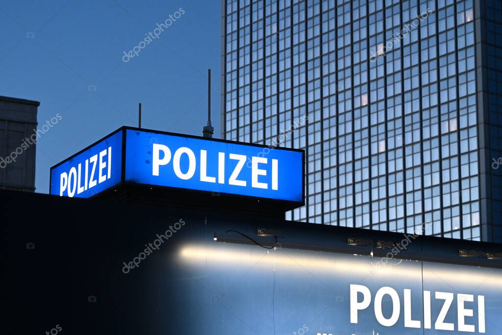 Berlin, Germany - November 2, 2022: Inscription Polizei (Police) on Police department on Alexanderplatz in Berlin.