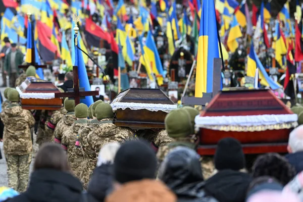 Begravning Ukrainska Militärer Som Dödades Strid Med Ryska Trupper Militär — Stockfoto