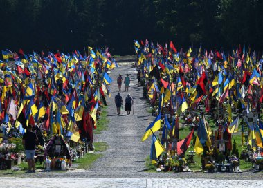 Lviv, Ukraine - August 29, 2023: Military cemetery of Ukrainian soldiers killed during combat with Russian troops.