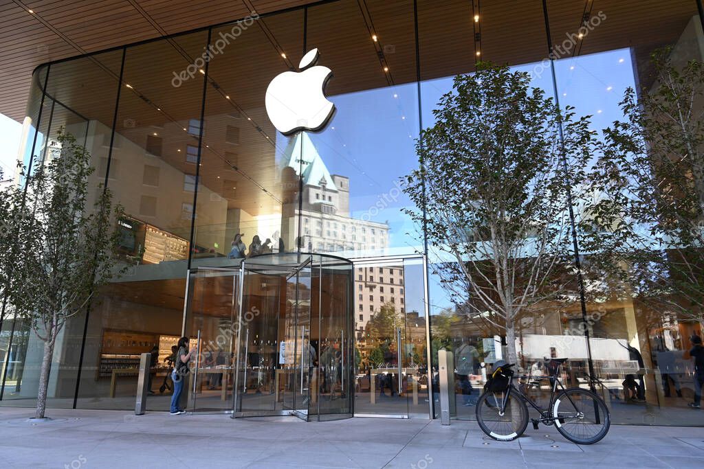 Vancouver, BC, Canada - August 16, 2023: The Apple Store Logo on the Apple Store in Vancouver .