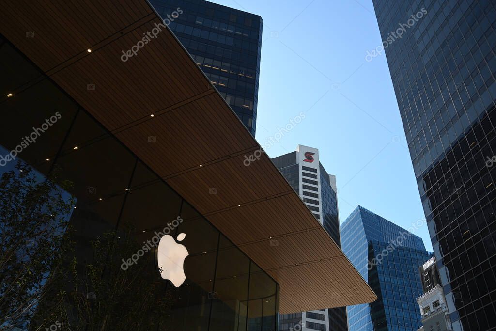 Vancouver, BC, Canada - August 16, 2023: The Apple Store Logo on the Apple Store in Vancouver .