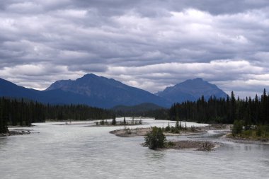Nehir ve dağlarla Kanada manzarası. Jasper Ulusal Parkı, Alberta, Kanada.
