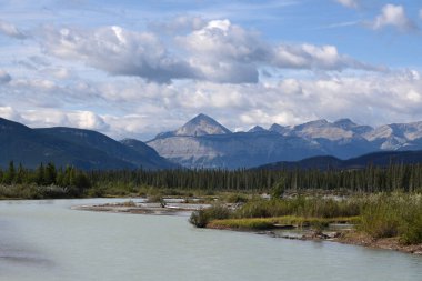 Nehir ve dağlarla Kanada manzarası. Jasper Ulusal Parkı, Alberta, Kanada.