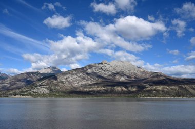 Nehir ve dağlarla Kanada manzarası. Jasper Ulusal Parkı, Alberta, Kanada.
