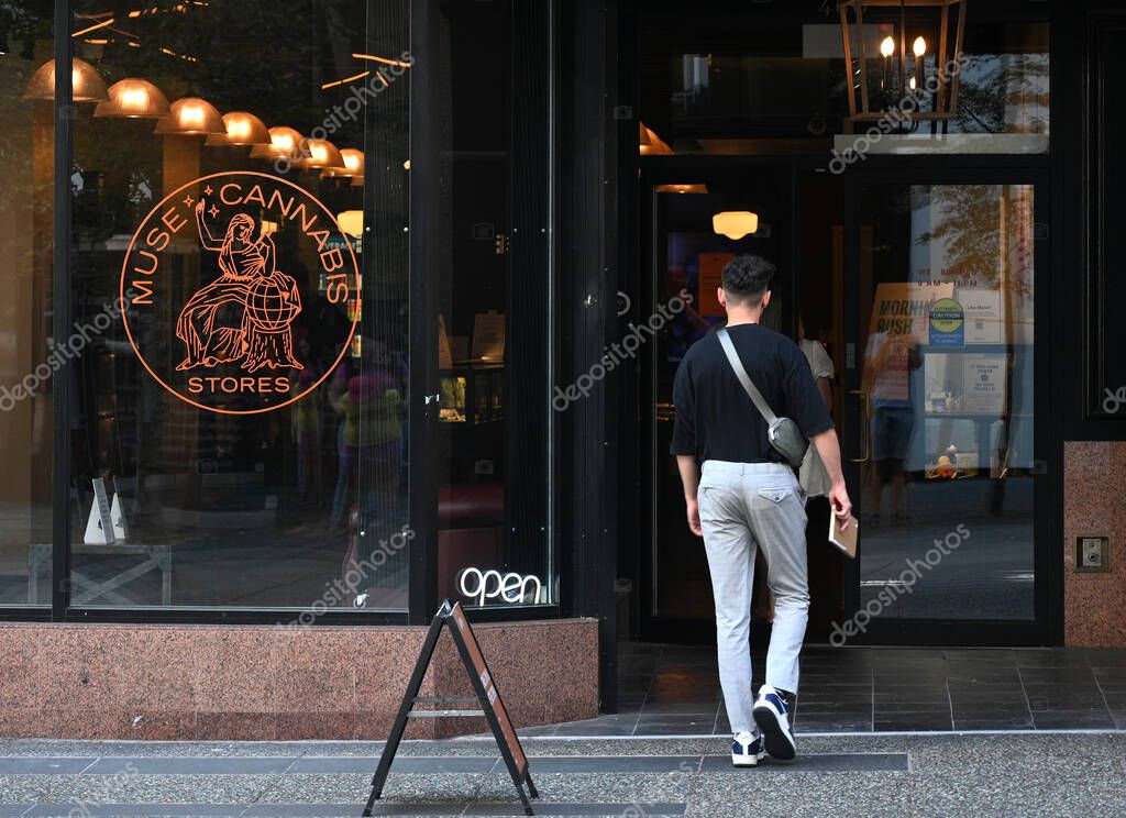 Vancouver, BC, Canada - August 16, 2023: Entrance in MUSE Cannabis store in Vancouver.