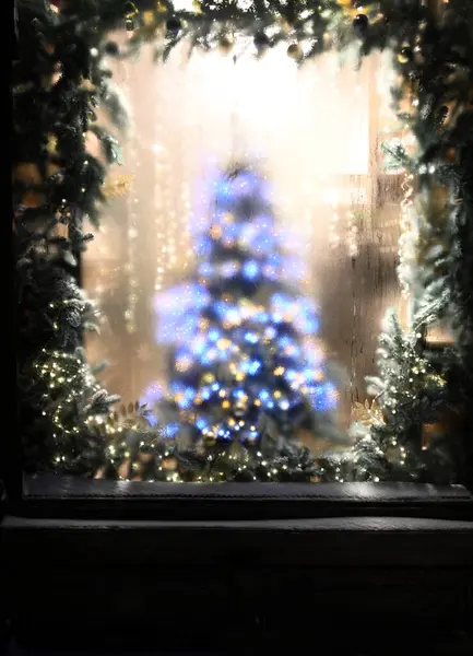 Christmas tree in shop window. blurred background for Christmas postcard