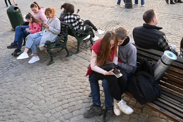 Lviv Ukraine April 2023 People Rest Benches Center City Lviv Stock Image