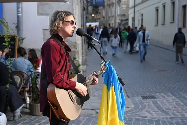 Lviv Ukraine April 2023 Street Musician Performs Center City Lviv Royalty Free Stock Photos