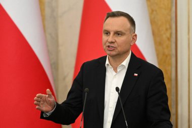 Lviv, Ukraine - January 11, 2023: Polish President Andrzej Duda giving a press conference city of Lviv.  clipart