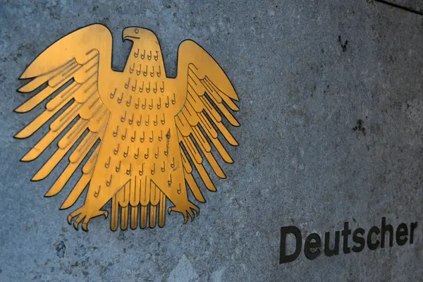 stock image Berlin, Germany - August 2, 2024: The German Bundestag (Deutscher Bundestag) logo on German Bundestag building