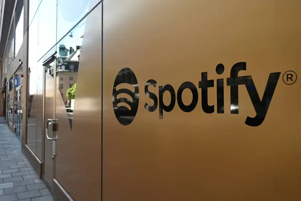 stock image Stockholm, Sweden - July 30, 2024: Spotify logo on Spotify HQ building in Stockholm.