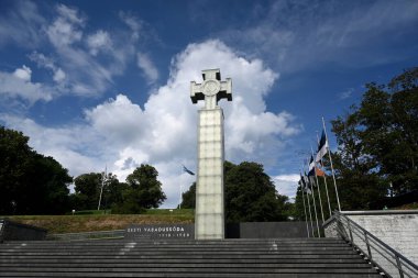 Tallinn, Estonya - 24 Temmuz 2024: Tallinn 'deki Özgürlük Meydanı' nda Bağımsızlık Savaşı Zafer Kolonu (Vabadussoja voidusammas).