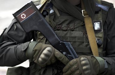 Flag of North Korea on assault rifle butt. Military, army, armed forces, soldiers. Collage. 