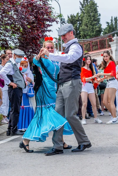 stock image Madrid, Spain, 2022. The tradition of the choti is still alive in the Pradera de San Isidro in Madrid, where CouplesCelebrating Madrid's Spring Festival