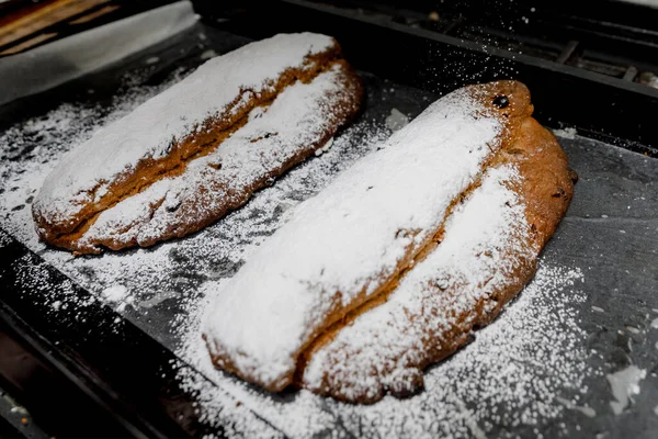 German Traditional Stollen Breads Sprinkled Powdered Sugar Baking Sheet — Stock Photo, Image